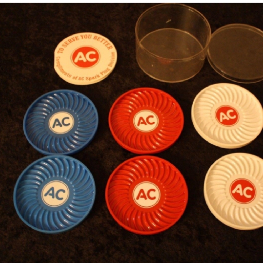 1970'S VTG SET OF 6 AC SPARK PLUG COASTERS RITEPOINT USA RED WHITE BLUE GM DELCO